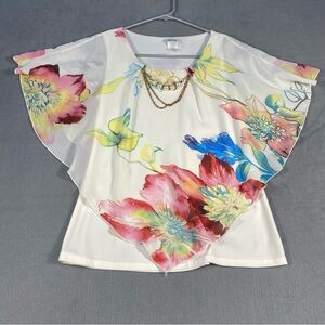 Blu:m Women’s White Floral Print Chiffon Blouse, with beaded detail, size L